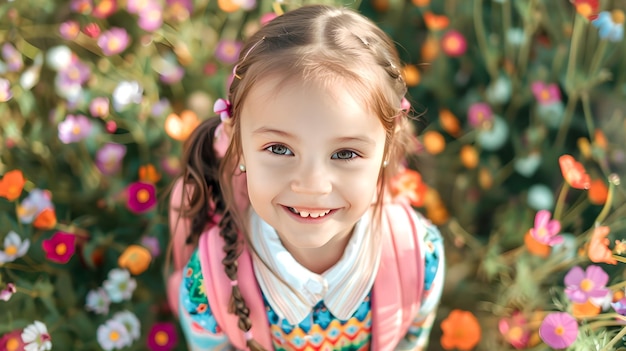 Retrato de una niña sonriente en un jardín de flores durante la primavera Expresión alegre de los niños capturada al aire libre con luz natural Perfecto para temas de estilo de vida y familia