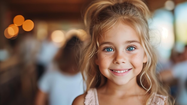 Retrato de una niña sonriente con ojos azules y cabello rubio