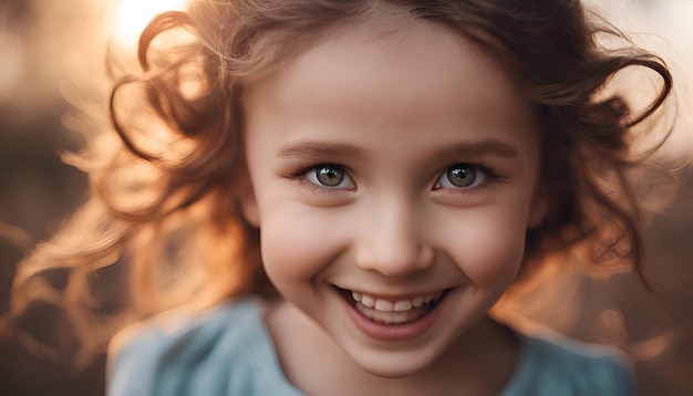 Retrato de una niña sonriente con el pelo largo y rizado en un día soleado