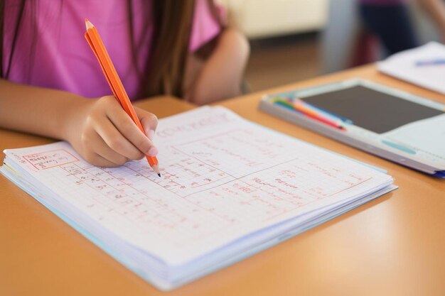 Foto retrato de una niña sonriente resolviendo una ecuación matemática en una pizarra blanca estudiante universitario pensando y resolviendo