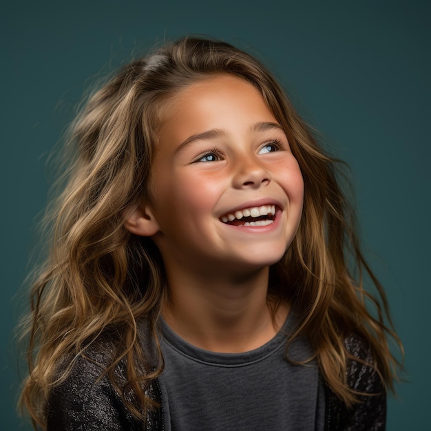 retrato de una niña sonriente sobre un fondo azul