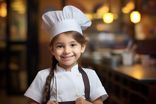 Retrato de una niña sonriente vestida de chef en un restaurante