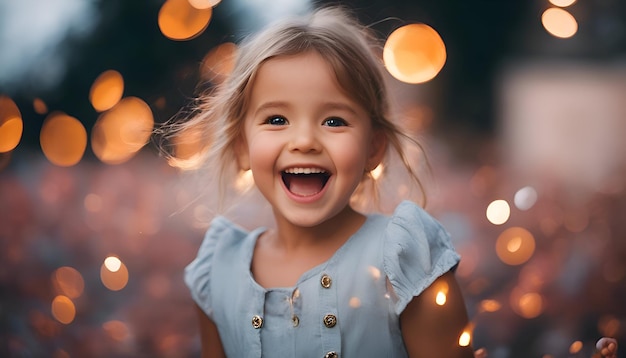 Foto retrato de una niña sonriente en un vestido azul sobre el fondo de guirnaldas