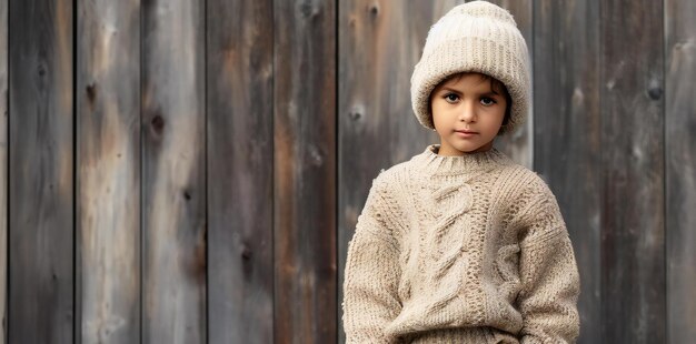 Retrato de una niña en un suéter de punto y sombrero sobre un fondo de madera