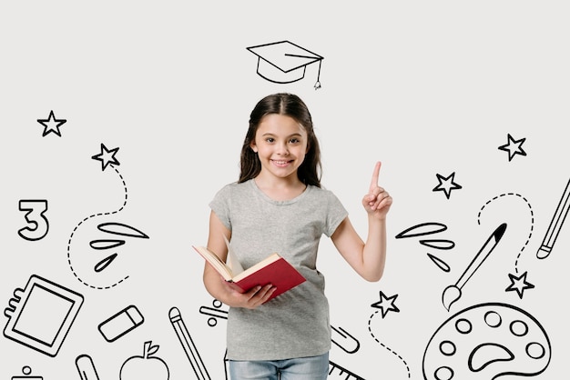 Retrato de niña de tiro medio con fondo de graduación