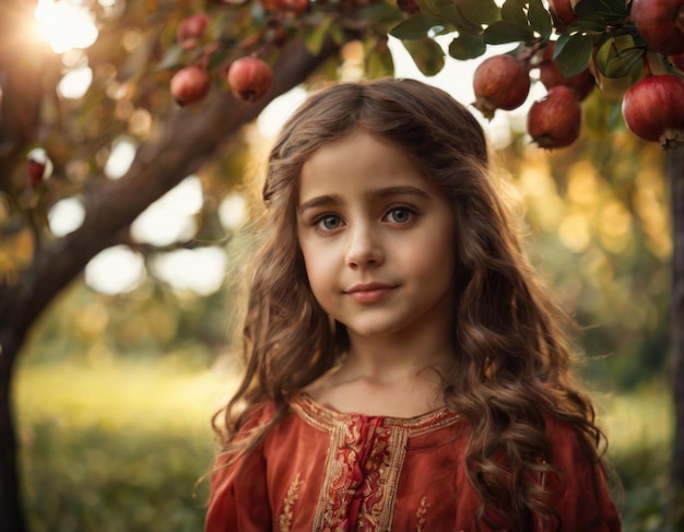 Retrato de una niña con traje nacional en la naturaleza Generación de IA