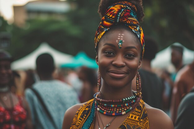 Foto retrato de una niña en trajes tradicionales africanos en las ferias de inclusión de la cultura negra