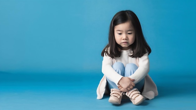 Retrato de una niña triste sentada aislada en el fondo azul del estudio cómo se siente ser autista