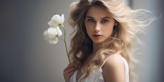 Retrato de una niña con un vestido blanco largo con cabello hermoso y piel pura y delicada