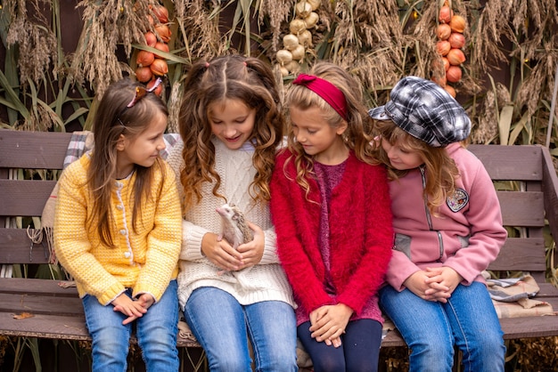 retrato de niñas novias en el otoño con un erizo en sus manos cerca de su casa f