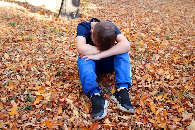 Retrato de un niño de 9 años en el parque de otoño Un niño con una camiseta azul se sienta en hojas caídas de naranja