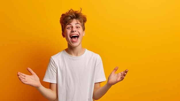 Retrato de un niño adolescente expresando felicidad y alegría con espacio de copia aislado en un fondo de color sólido