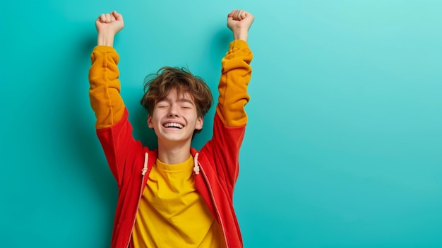 Retrato de un niño adolescente expresando felicidad y alegría con espacio de copia aislado en un fondo de color sólido