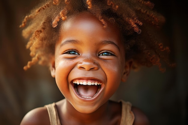 Retrato de un niño africano feliz y riendo en verano en primer plano durante el día con la cara de un niño sonriente y el cabello rizado