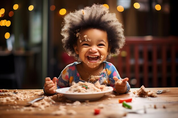 Retrato de un niño afro sentado en una mesa sonriendo y jugando con la comida en casa