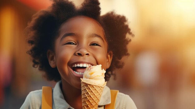 Retrato de un niño afroamericano disfrutando del espacio de copia del cono de helado