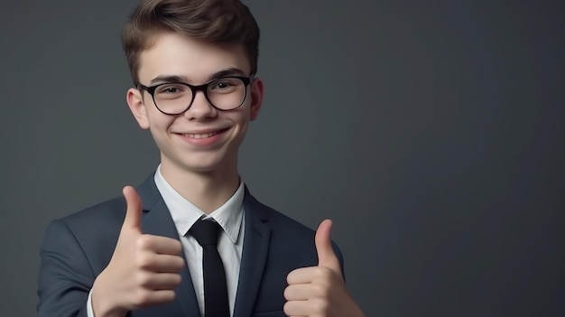 Retrato de un niño alegre y diligente mostrando el pulgar y sonriendo a la cámara