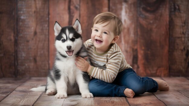 Retrato de un niño alegre divirtiéndose con un cachorro de husky siberiano en el suelo del estudio