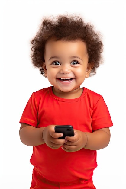Retrato de un niño alegre y moderno de pie con un teléfono inteligente en las manos sobre fondo blanco