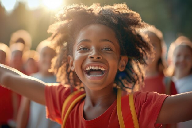 Retrato de un niño alegre un recuerdo de un campamento de verano donde los niños disfrutan relajándose y jugando reflejado en el retrato de un pequeño viajero que irradia felicidad y diversión