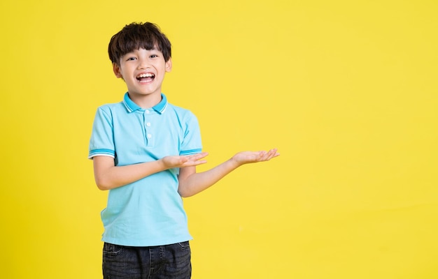 Retrato de un niño asiático posando sobre un fondo amarillo