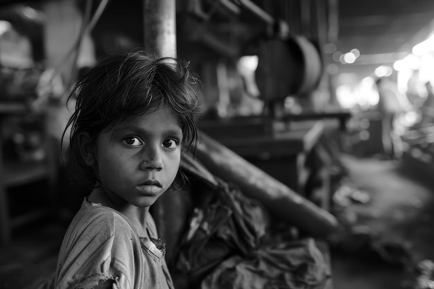 Retrato de un niño asiático en el trabajo Trabajo infantil foto en blanco y negro