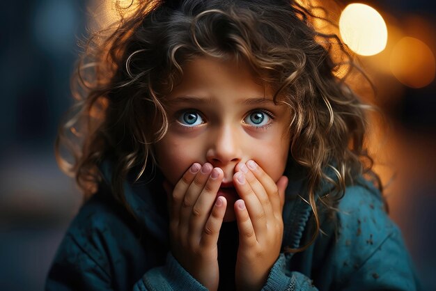 Foto retrato de un niño asustado que expresa su miedo