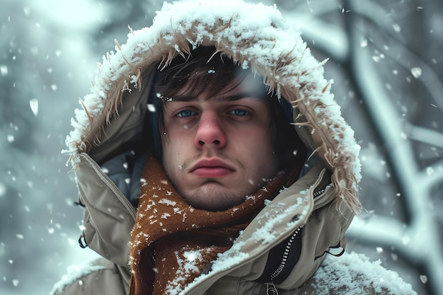 Retrato de un niño atractivo con capucha y bufanda en un día de nieve