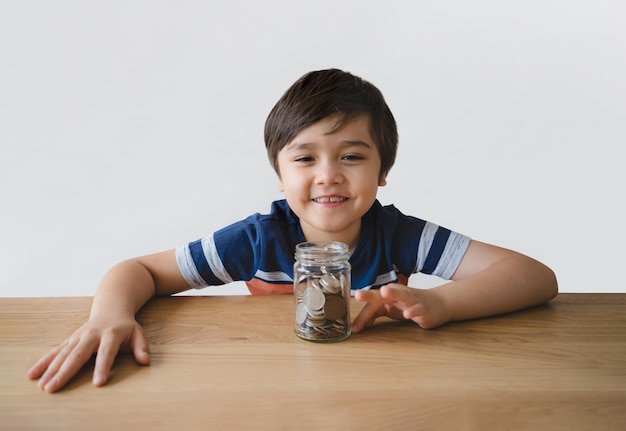 Foto retrato de un niño con una cámara en la mesa