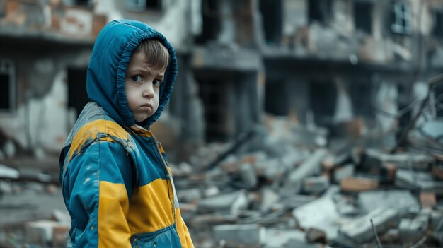 Foto retrato de un niño contra el fondo de un edificio destruido el concepto de la guerra