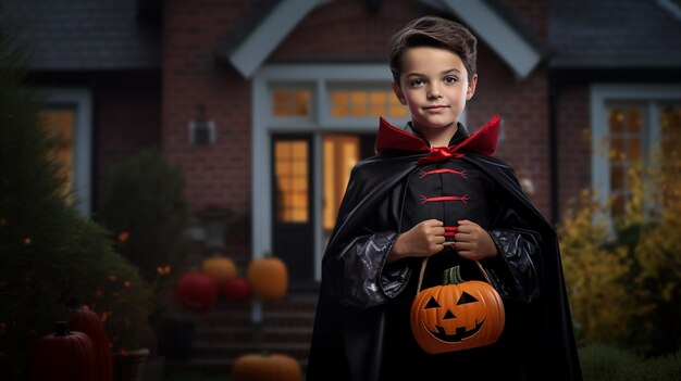 Foto retrato de un niño disfrazado de halloween parado afuera de la casa