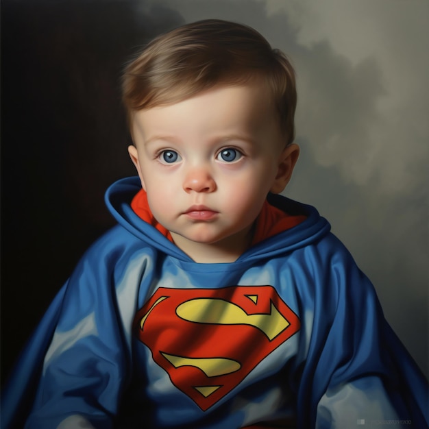 Retrato de un niño disfrazado de superhéroe sobre un fondo oscuro