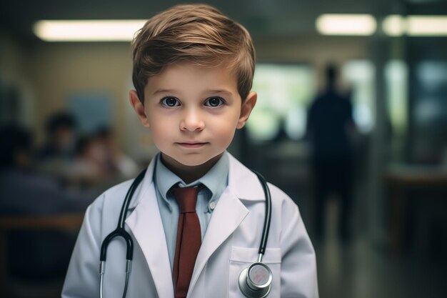 Retrato de un niño doctor gracioso en el hospital