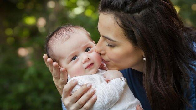 Retrato de un niño dulce mirando a la cámara con expresión de interés mientras la madre es tierna