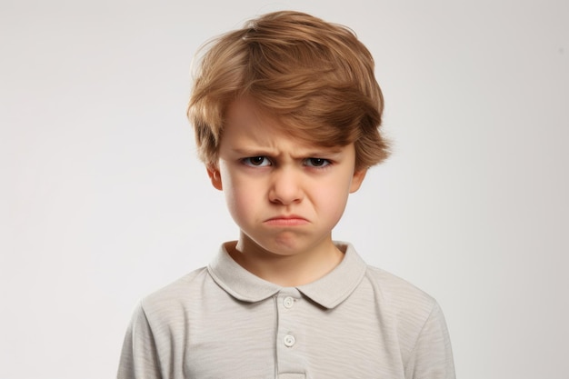 Retrato de un niño enojado y ofendido sobre un fondo blanco