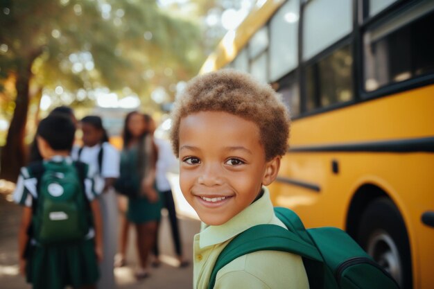 Retrato de un niño de escuela primaria multiétnico feliz sonriente con una mochila en la espalda en el backg