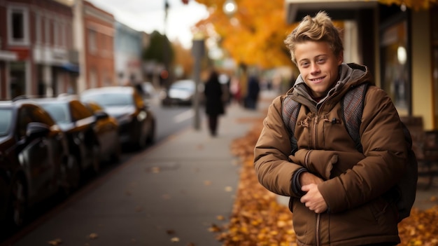 Retrato de un niño de escuela con síndrome de Down parado en una calle de la ciudad en otoño