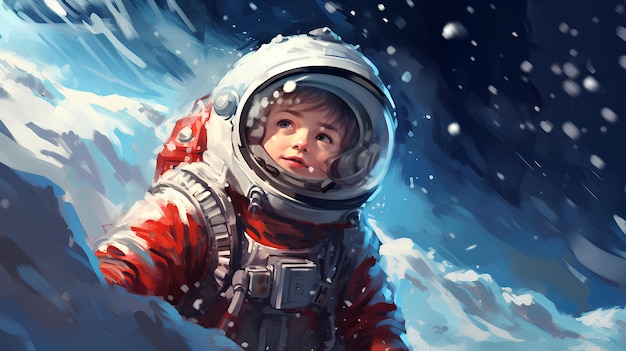 Retrato de un niño espacial con temática invernal.