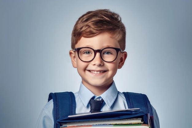 Foto retrato de niño estudiante con libros con gafas y mochila