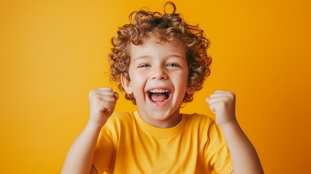 retrato de un niño expresando felicidad y alegría con espacio de copia aislado en un fondo de color sólido