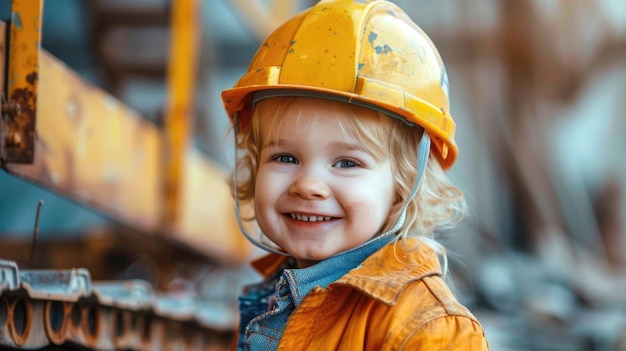 Retrato de un niño feliz en un casco de construcción