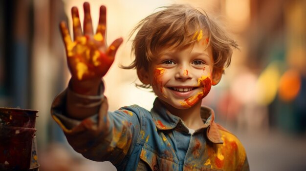 Retrato de un niño feliz cubierto de pintura