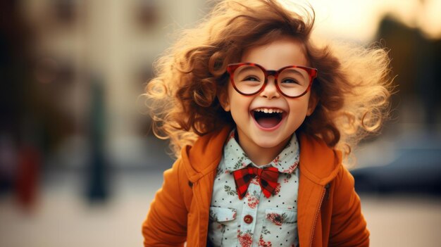 Retrato de un niño feliz y elegante con gafas que está al aire libre