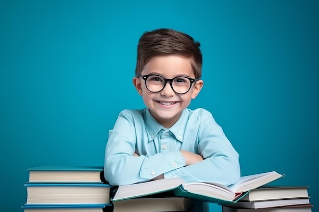 Retrato de un niño feliz con gafas sentado en una pila de libros y leyendo libros