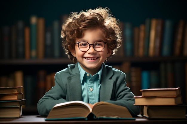Retrato de un niño feliz con gafas sentado en una pila de libros y leyendo libros