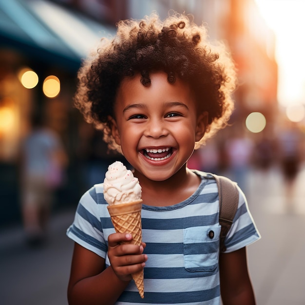 Foto retrato de un niño feliz y lindo con un cono de helado