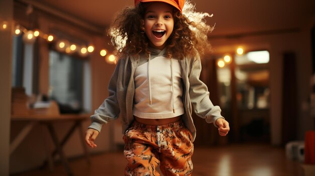 Retrato de niño feliz con mochila en la ciudad de otoño al atardecergenerativo ai