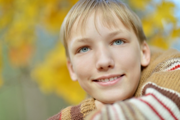 Retrato de niño feliz en el parque otoño