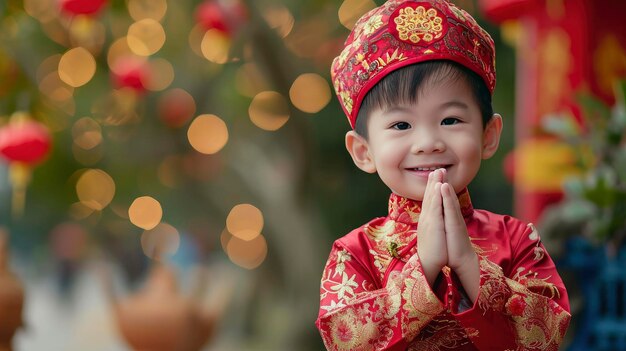 Retrato de un niño feliz en el traje tradicional de Año Nuevo haciendo un gesto de saludo y sonriendo a la cámara