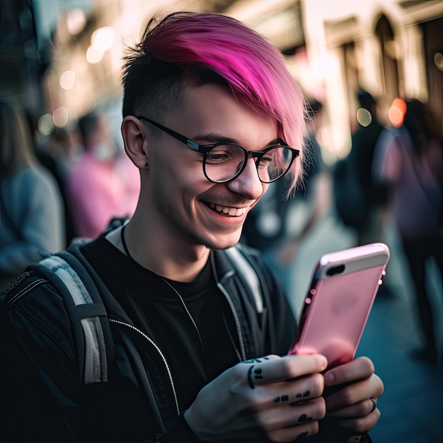 Retrato de un niño futurista mirando su teléfono móvil en la ciudad Concepto de futurismo y tecnología